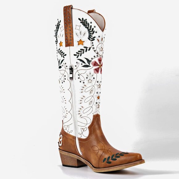 ⚡Women’s Brown Floral Embroidered Western Boots Knee High Studded Side Zipper - Picture 4 of 6